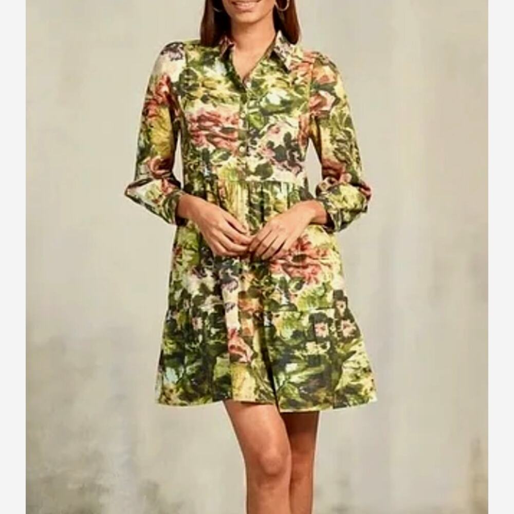 $200 Ro's Garden Romy Floral Print Tiered Dress | XS, Green NWT